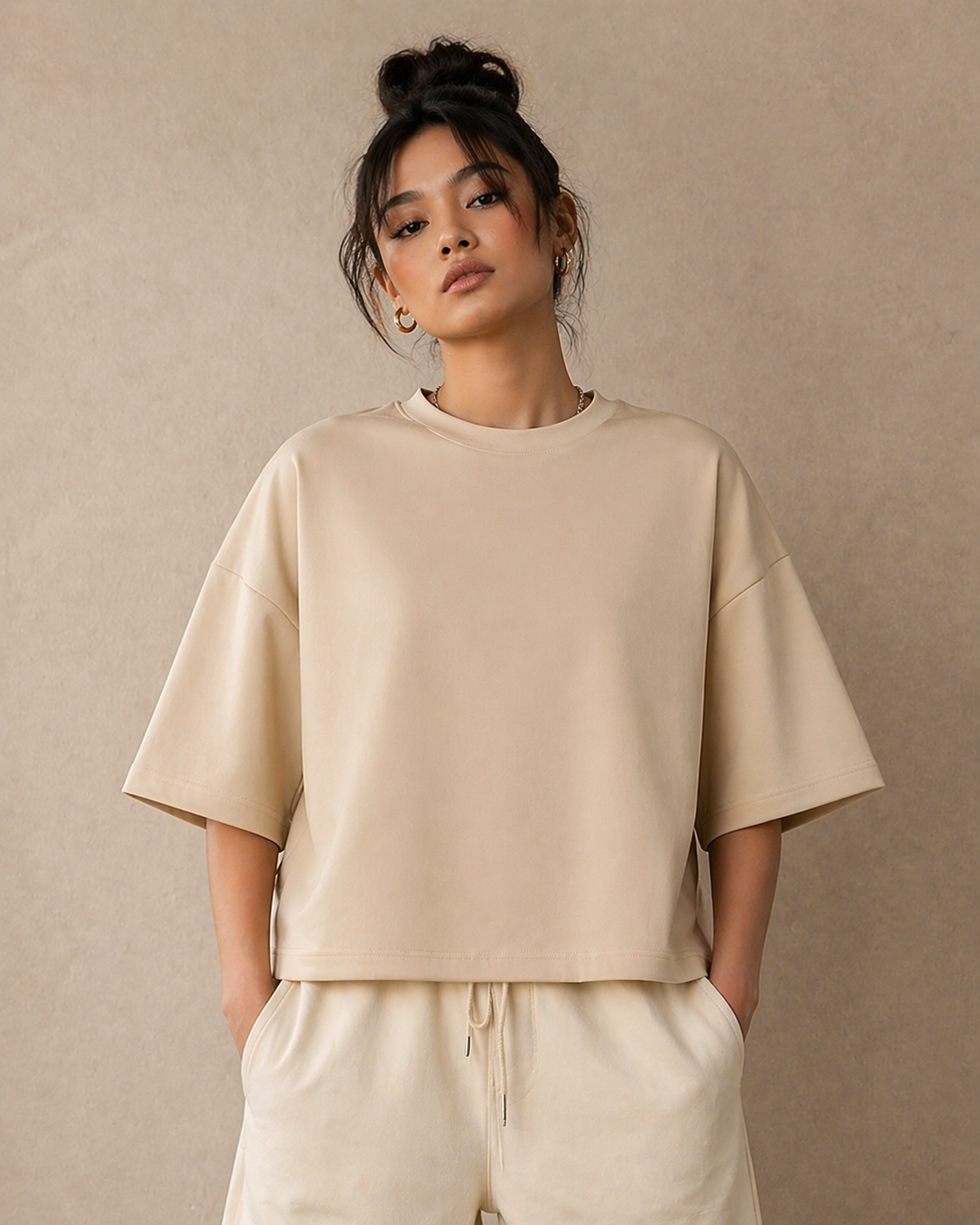 Unisex Plain Oversized T shirt - Beige