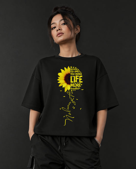 Sunflower Smile - Black Oversized Unisex T-Shirt