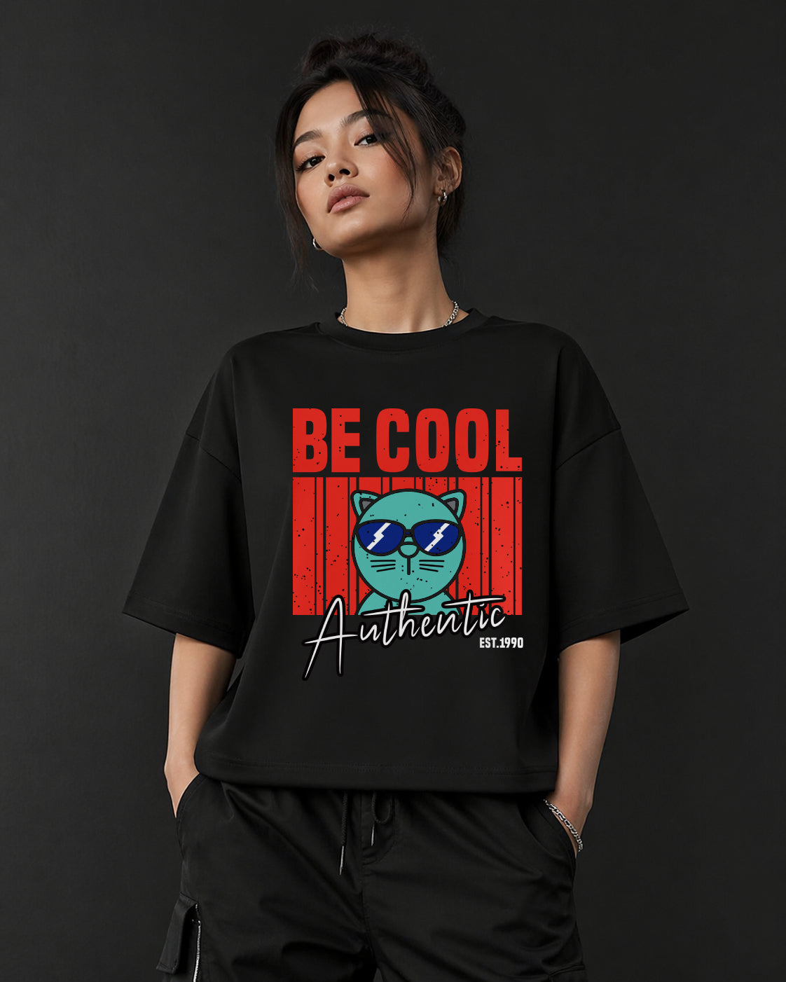 Be Cool Cat - Black Oversized Unisex T-Shirt