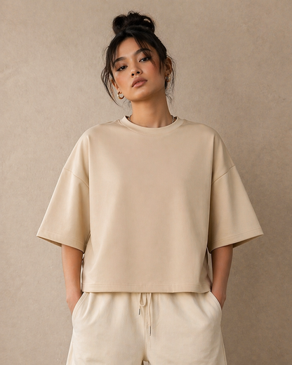 Unisex Plain Oversized T shirt - Beige