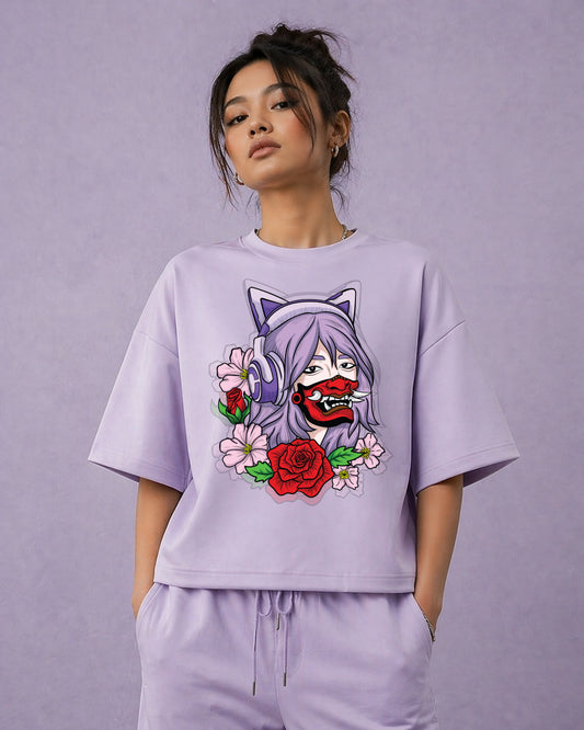 Anime Girl Mask – Lilac Unisex Oversized T-Shirt