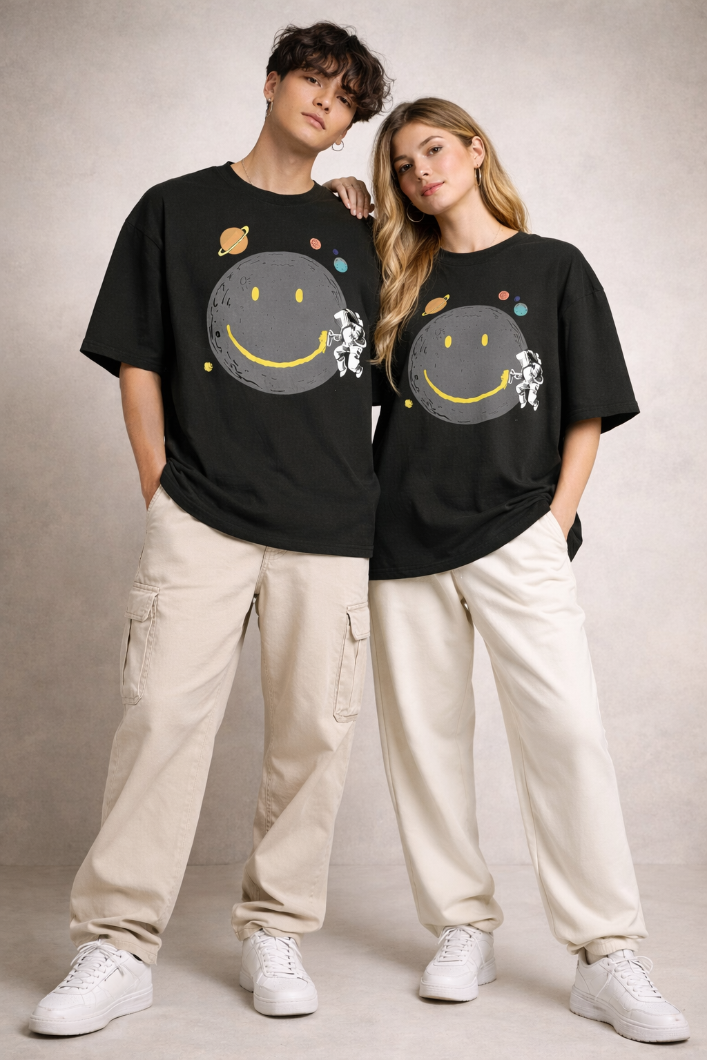 Cosmic Smile - Black Oversized Unisex T-Shirt