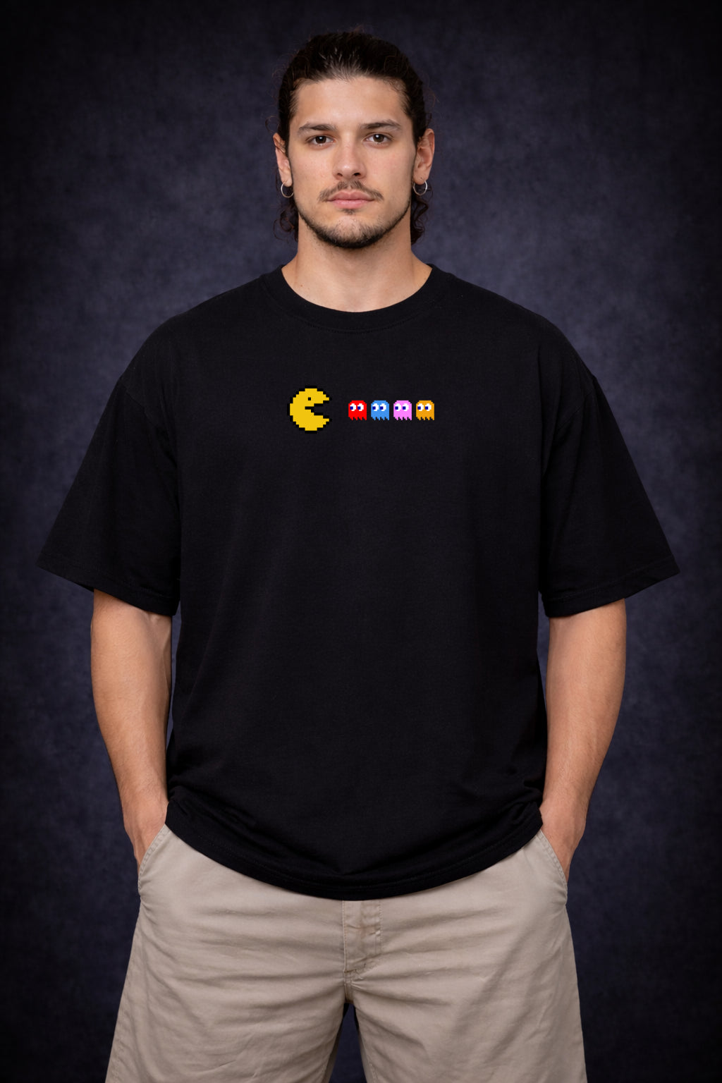 Pacman Skull – Midnight Black Oversized Men's T-Shirt