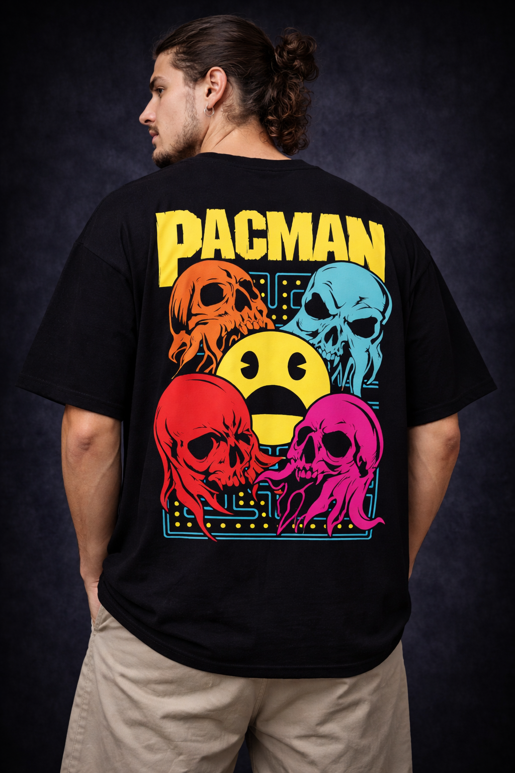 Pacman Skull – Midnight Black Oversized Men's T-Shirt