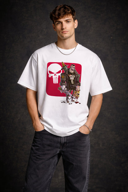 Punisher Skull Graphic – White Oversized Men's T-Shirt