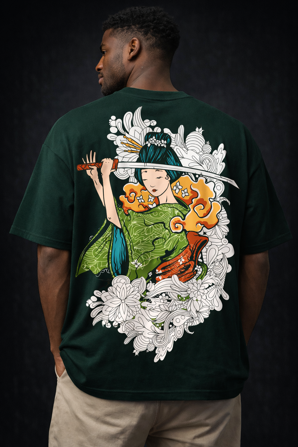 Samurai Geisha Art – Forest Green Oversized Men's  T-Shirt