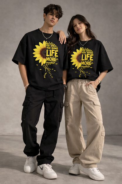 Sunflower Smile - Black Oversized Unisex T-Shirt